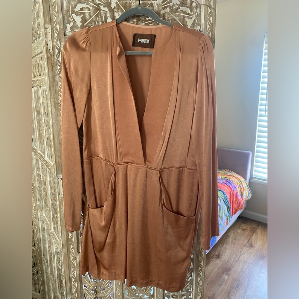 Rose gold Reformation dress with pockets